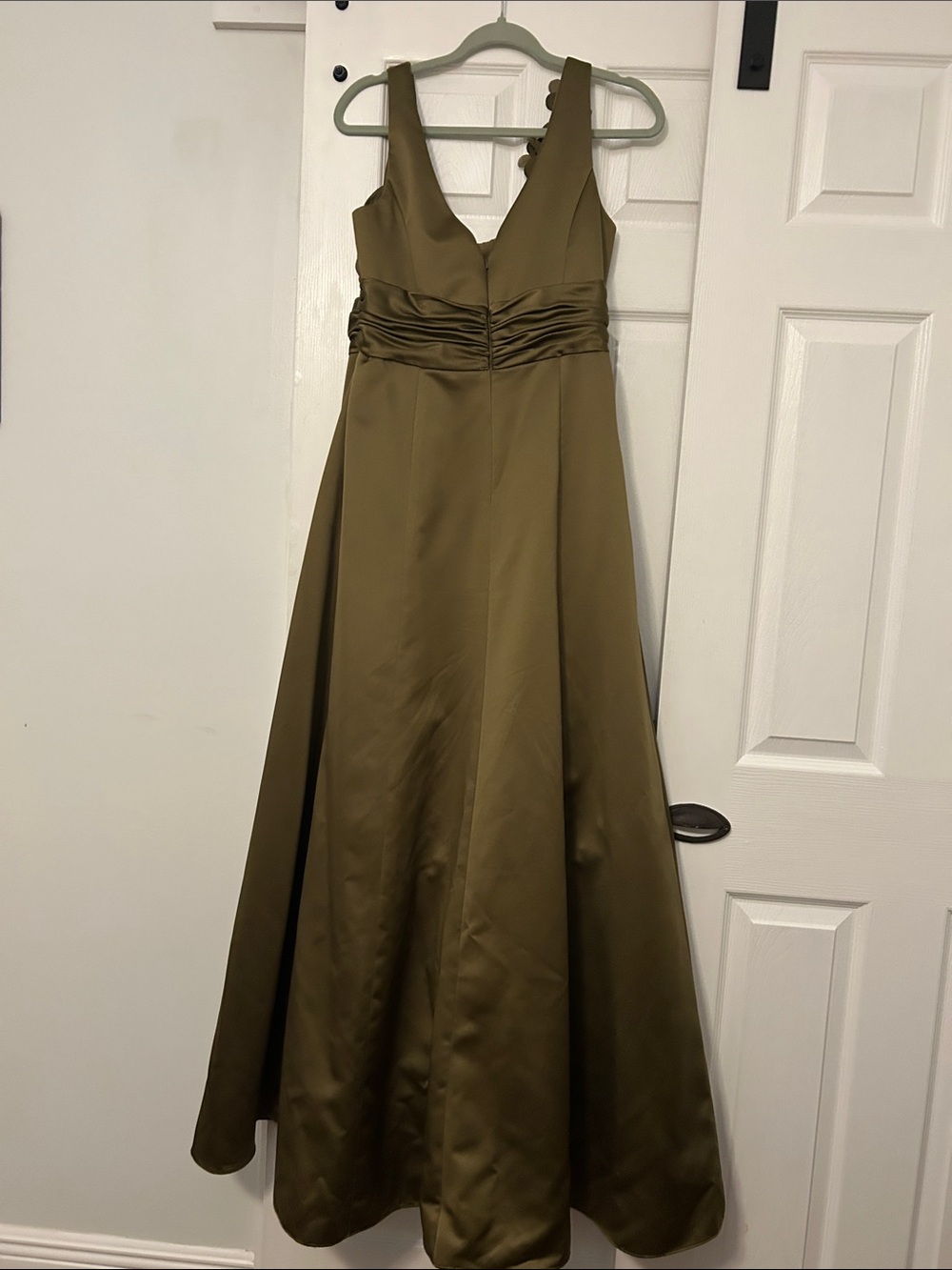 David's Bridal Olive Green One-Shoulder Ruched Satin Maxi Dress - Picture 4 of 7